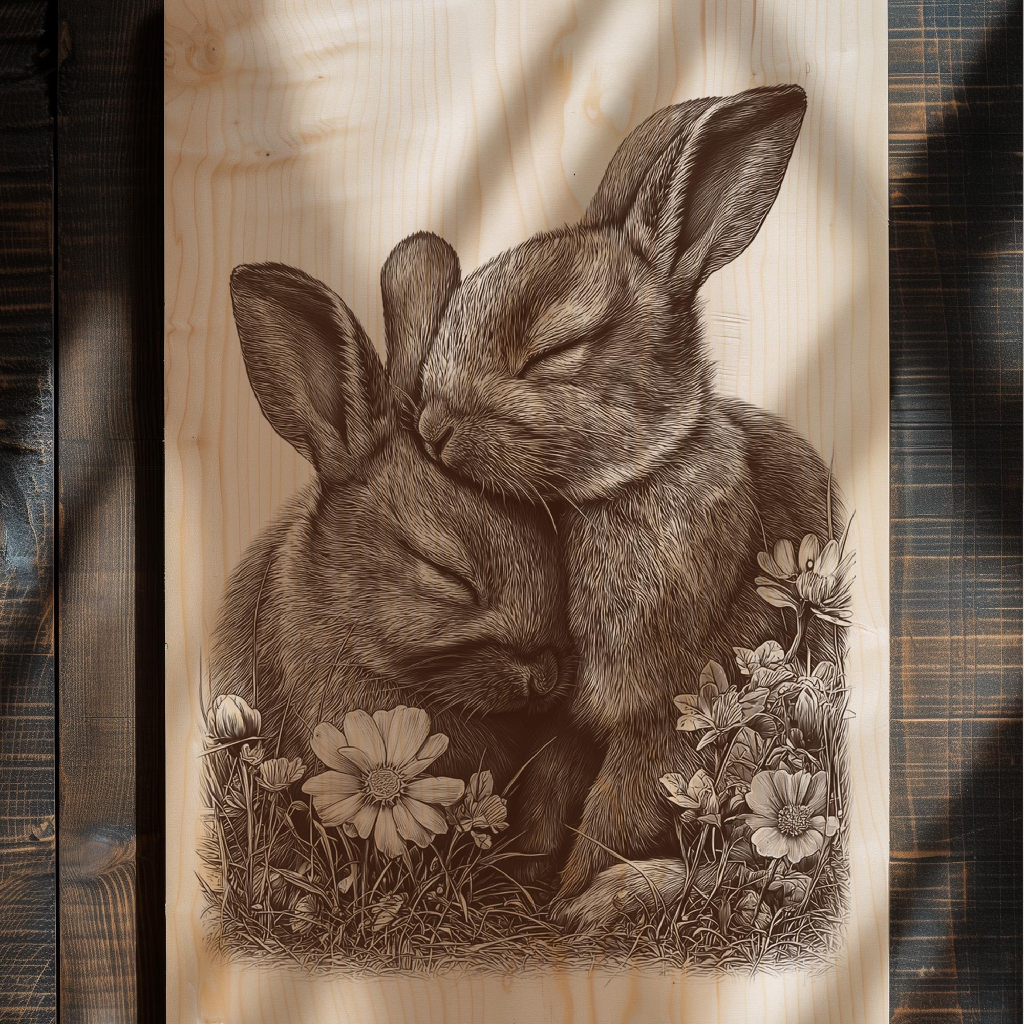 Rabbit Engraved Rabbit Pair Engraving PNG | Cute Bunny Couple Laser Engraving Design ...