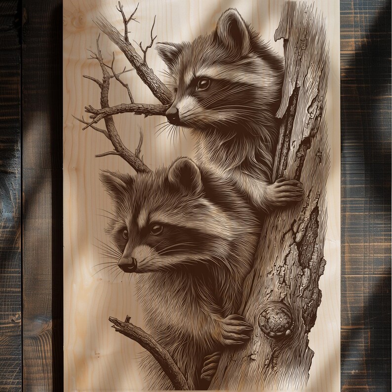 Rustic Raccoon Two Raccoons Engraving PNG | Rustic Woodland Animal Art | Wildlife ...