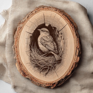 May include: A detailed wood carving of a bird in a nest, set within a cross-section of a tree trunk. The bird is intricately carved, with visible feathers and a detailed nest. The wood has a natural, light brown color with a rough bark edge.