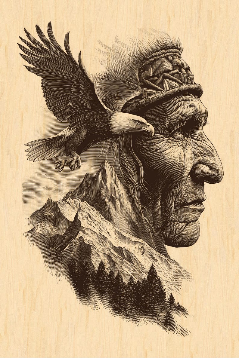 Tribal elder with eagle and mountain double exposure for engraving., Native american chief and eagle