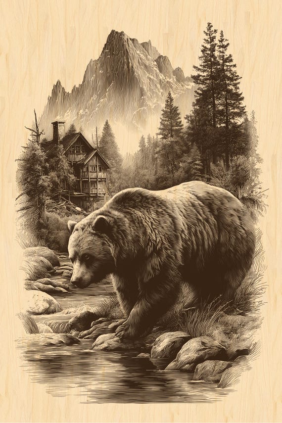 Grizzly Bear Cabin Engraving PNG | Mountain Wildlife Wall Art | Rustic Nature Clipart | Laser Ready Digital File