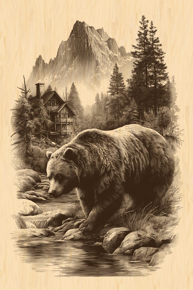 Grizzly Bear at Mountain Stream – Laser Engraving Ready PNG