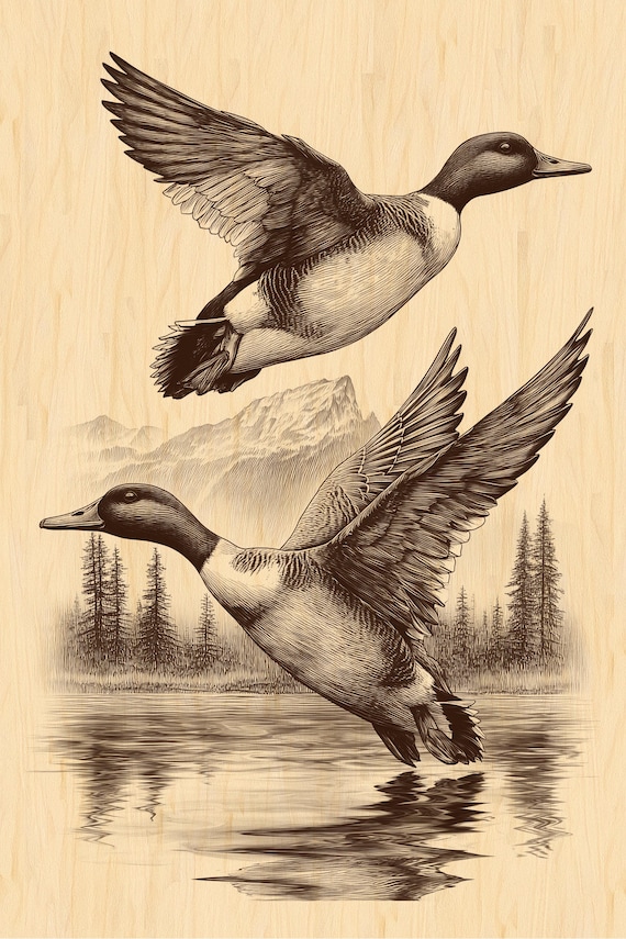 Flying Ducks Engraving PNG | Rustic Wildlife Waterfowl Artwork
