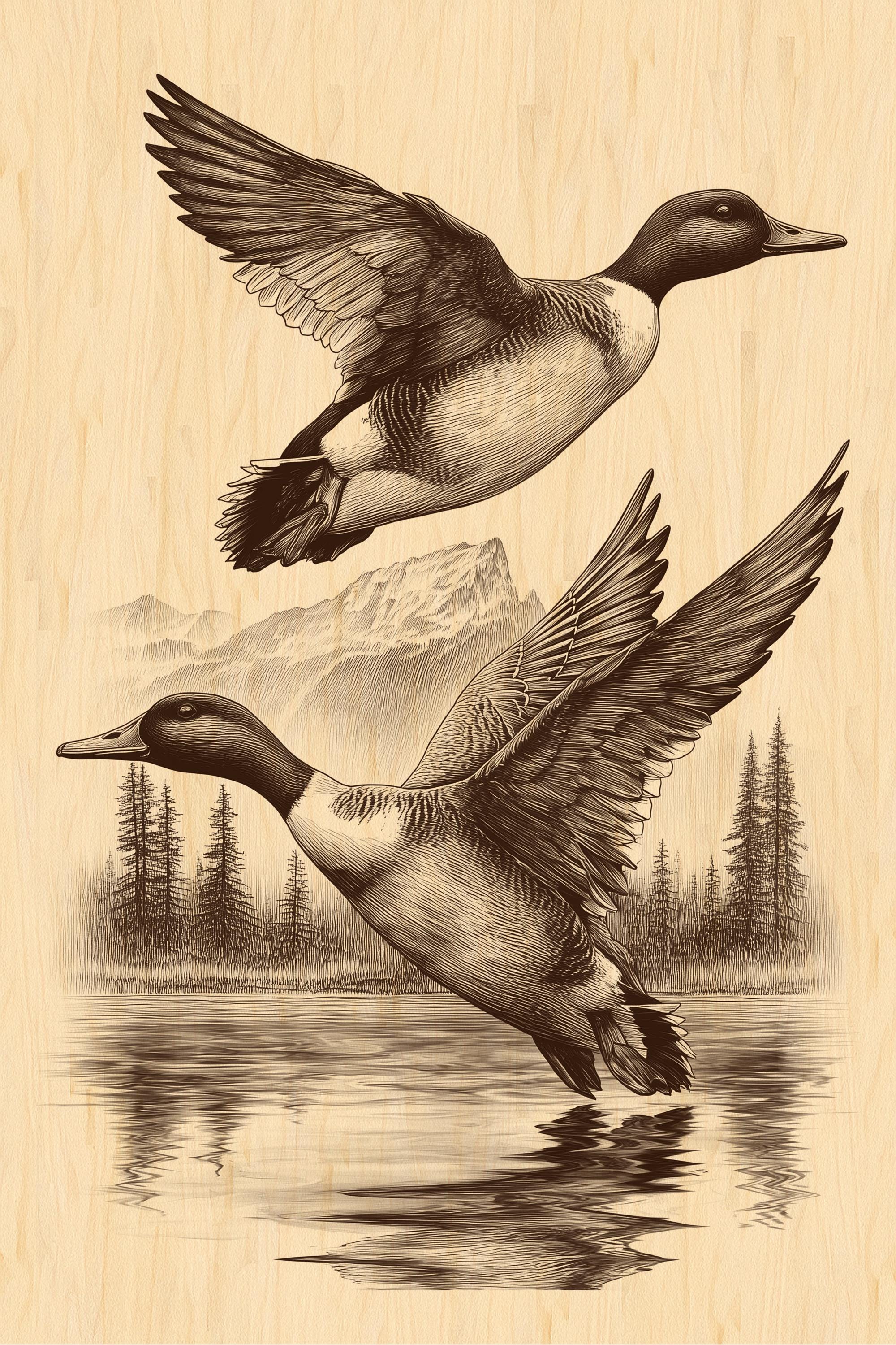 Flying Ducks Engraving PNG | Rustic Wildlife Waterfowl Artwork