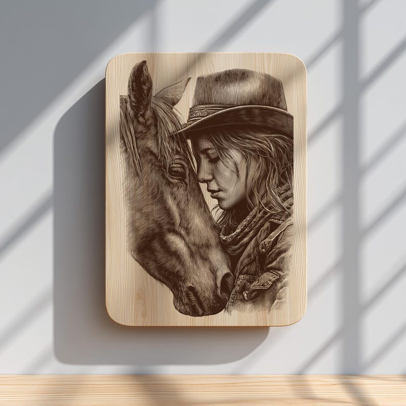 Cowgirl horse portrait engraving for plaques.