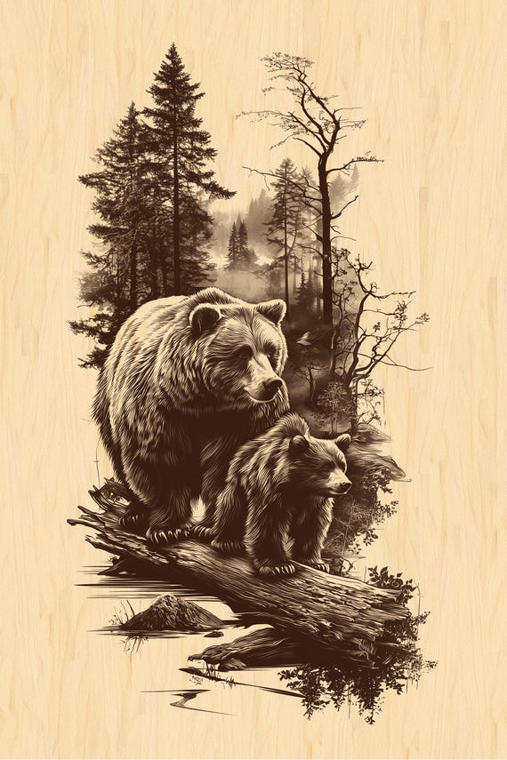 クマと子熊のPNG彫刻 | 山の風景を描いた森の野生動物のクリップアート