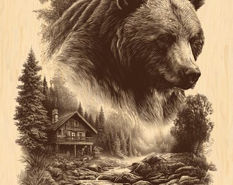 May include: Sepia-toned illustration of a grizzly bear's head, with a mountain and forest scene below. A cabin sits near a river, surrounded by trees. The artwork is on a light wood grain background.