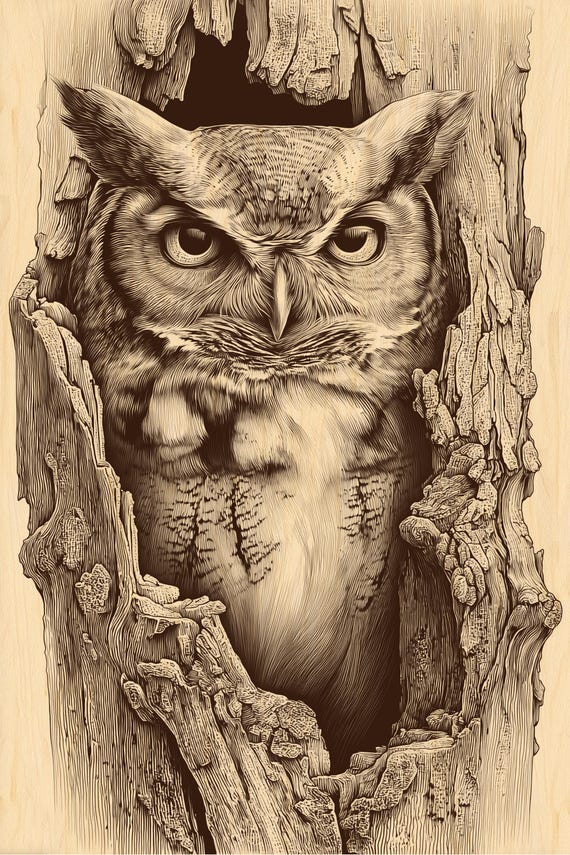 フクロウ版画 雄大なフクロウの彫刻 PNG | 素朴な木版画の野生動物アート | CNC