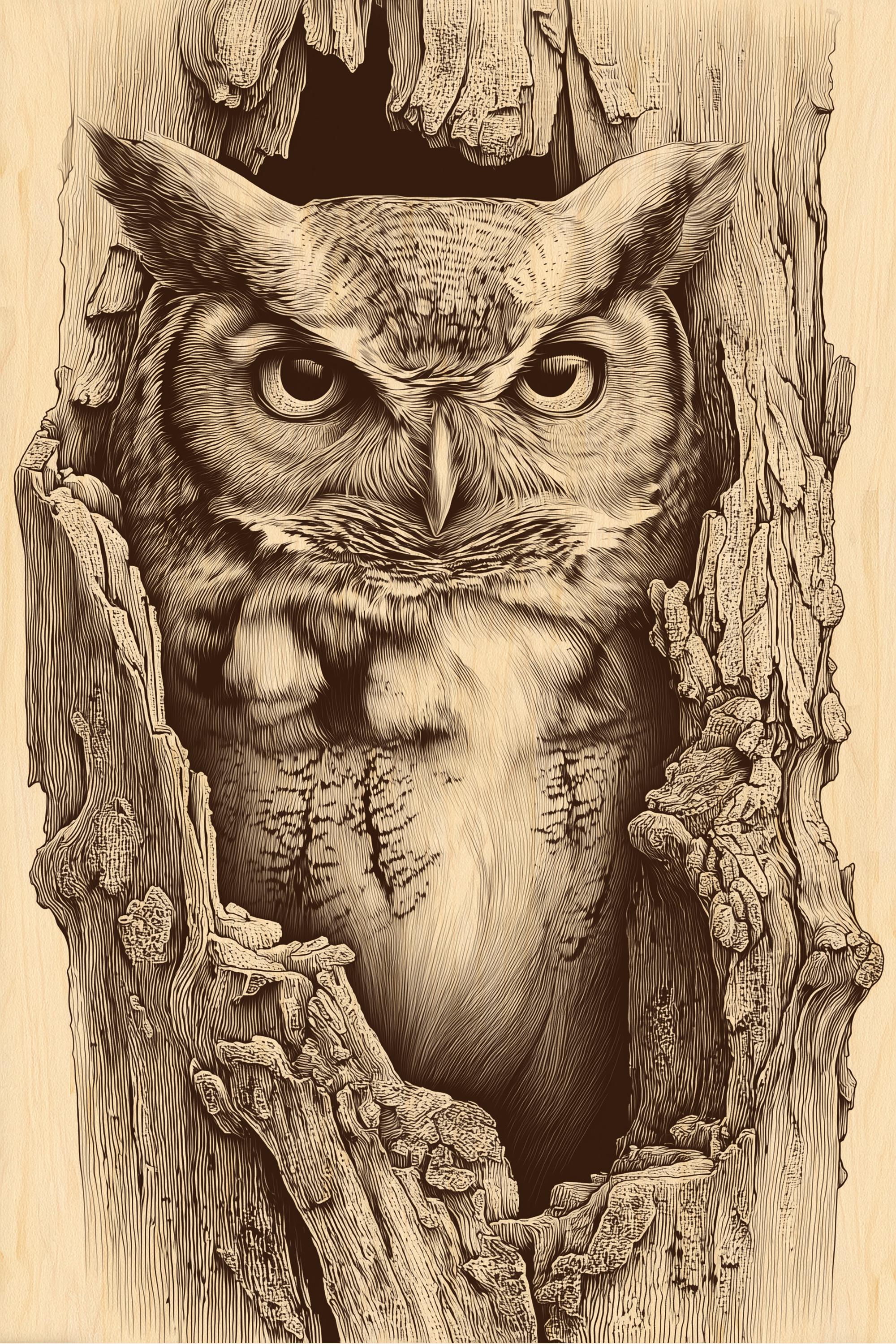 Majestic Owl Engraving PNG | Rustic Woodcut Wildlife Art | Digital File for CNC Laser Engraving | Gu