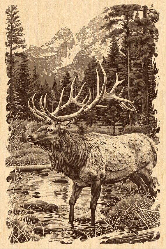 Elk Engraving PNG | Majestic Stag with Antlers in Mountain Forest | Rustic Wildlife Wood Engraving File CNC Laser | Instant Download