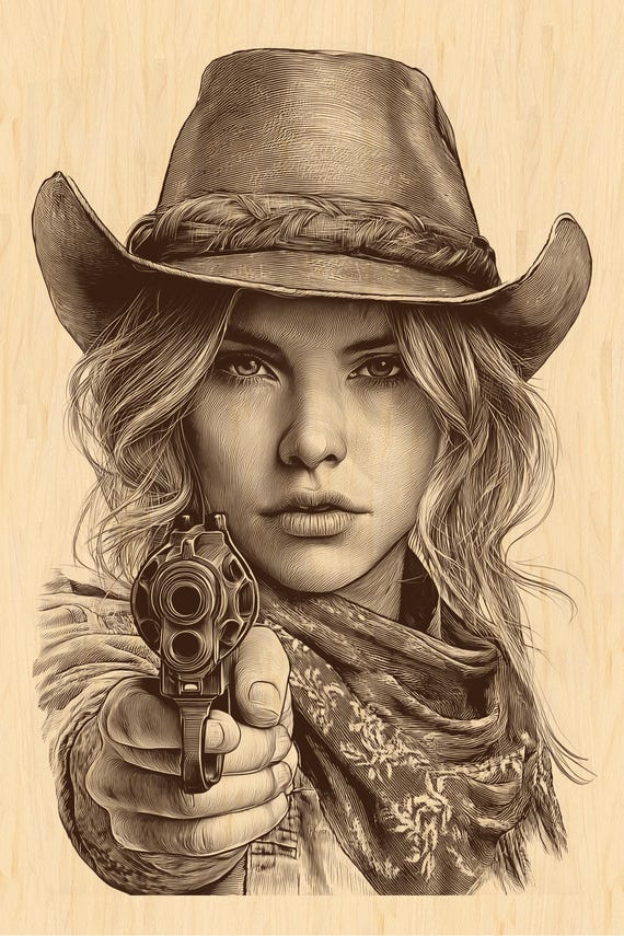 Cowgirl With Revolver | Western Wild West PNG | Rustic Wood