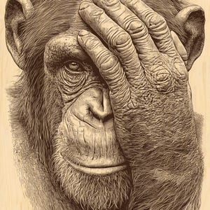 Könnte beinhalten: Detaillierte Sepia-Illustration eines Schimpansen, der sich die Augen mit der Hand bedeckt. Das Kunstwerk zeigt die Gesichtszüge und die Fellstruktur des Affen vor einem hellen Holzmaserungshintergrund. Das Bild erzeugt ein Gefühl der Selbstbeobachtung.