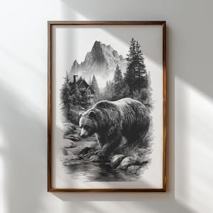 Grizzly bear engraving PNG with mountain cabin background, Wilderness bear clipart for wood or laser engraving, Rustic nature scene featuring forest stream and bear
