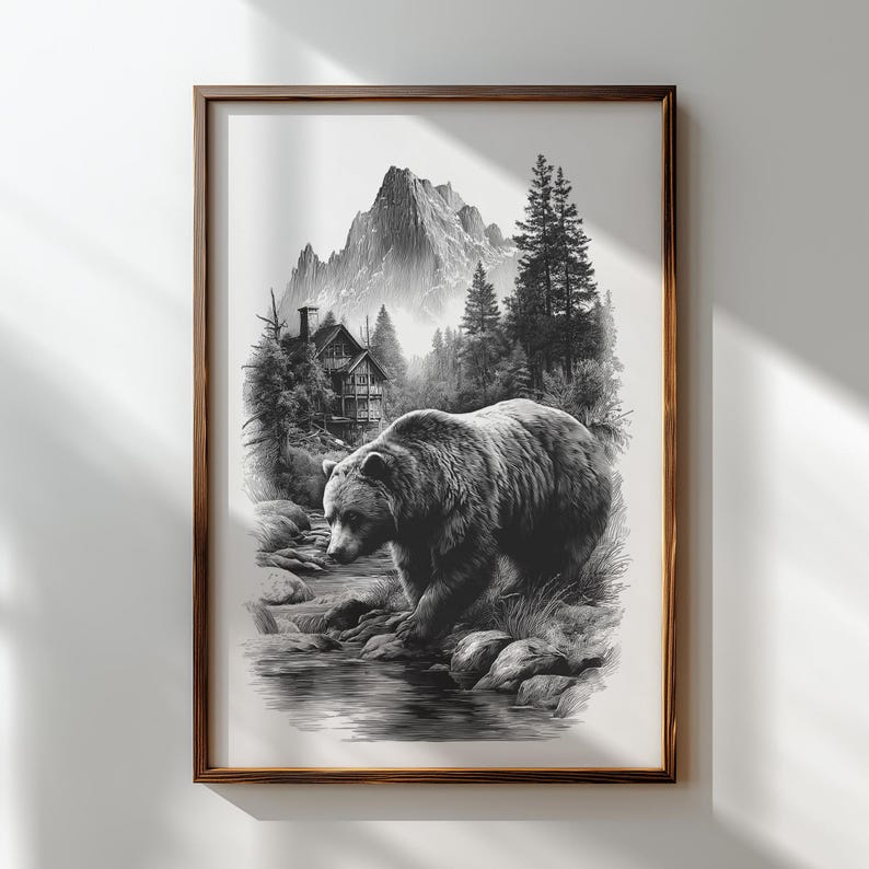 Grizzly bear engraving PNG with mountain cabin background, Wilderness bear clipart for wood or laser engraving, Rustic nature scene featuring forest stream and bear