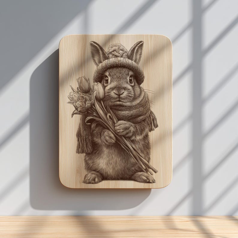 Rabbit Engraved Cute Bunny Engraving PNG | Rabbit With Flowers Laser Engraving Design ...