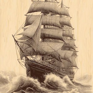 Vintage Sailing Ship Engraving PNG | Nautical Ocean Ship Laser Engraving File | Maritime Wall Art Design | CNC Wood Engraving