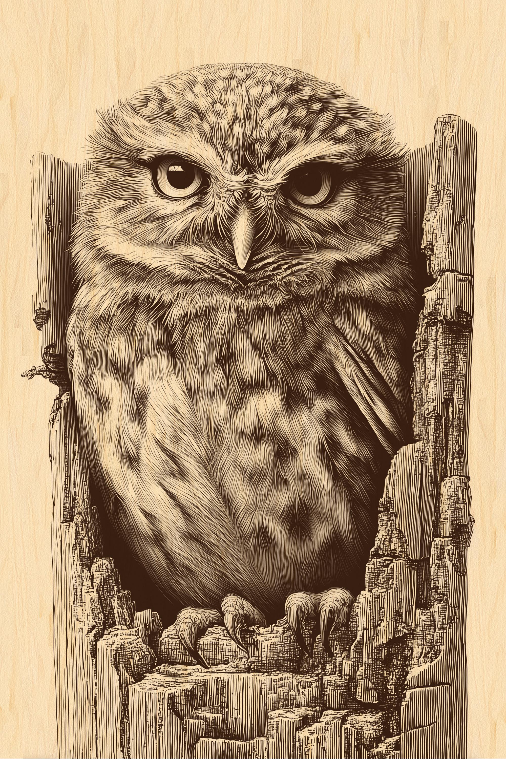フクロウの木彫刻 フクロウの彫刻 PNG | 素朴な木版画の野生動物アート | CNCレーザー