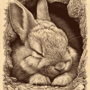 Könnte beinhalten: Sepiafarbene Illustration eines schlafenden Kaninchens in einem Bau. Die Augen des Kaninchens sind geschlossen, und seine Pfoten sind unter seinem Gesicht zusammengelegt. Der Bau wird von strukturiertem Holz und Blättern umrahmt.