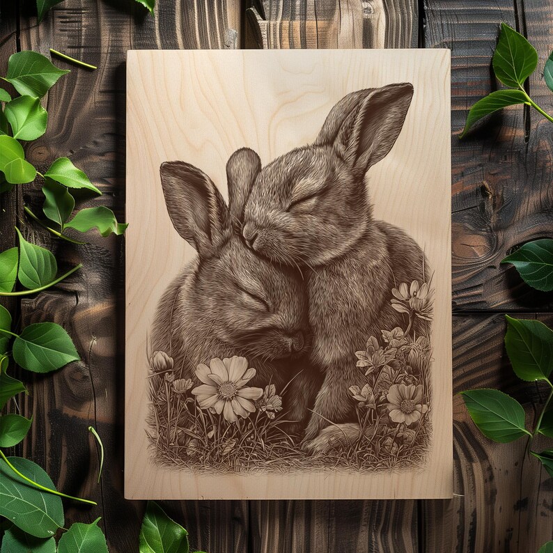 Rabbit Engraved Rabbit Pair Engraving PNG | Cute Bunny Couple Laser Engraving Design ...