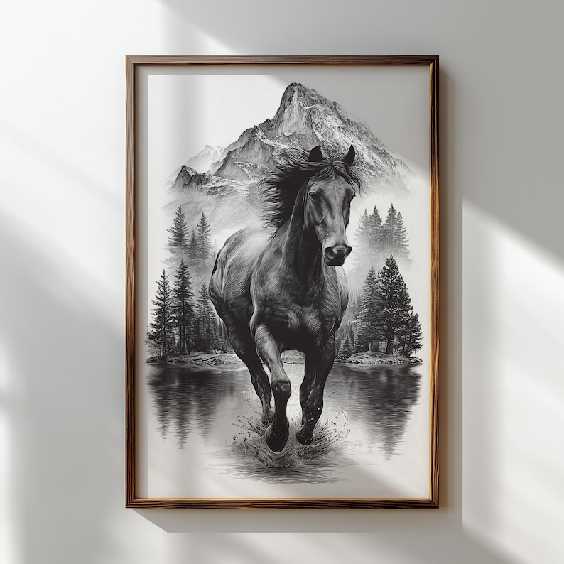 Rustic cowboy horse mountain engraving design.
Wild horse freedom rustic engraving file.
