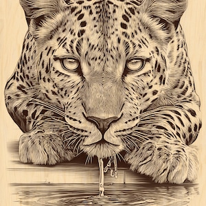 May include: A detailed illustration of a leopard drinking water, in brown and black tones. The leopard's face is in sharp focus, with water droplets falling from its mouth into the reflective water below. The artwork is set against a light wood grain background.