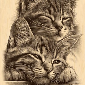 Puede incluir: Ilustración en tonos sepia de dos gatitos, uno encima del otro, descansando sobre una superficie de madera. El gatito superior tiene los ojos cerrados, mientras que el inferior mira hacia adelante. La imagen resalta el pelaje y los rasgos faciales de los gatos.