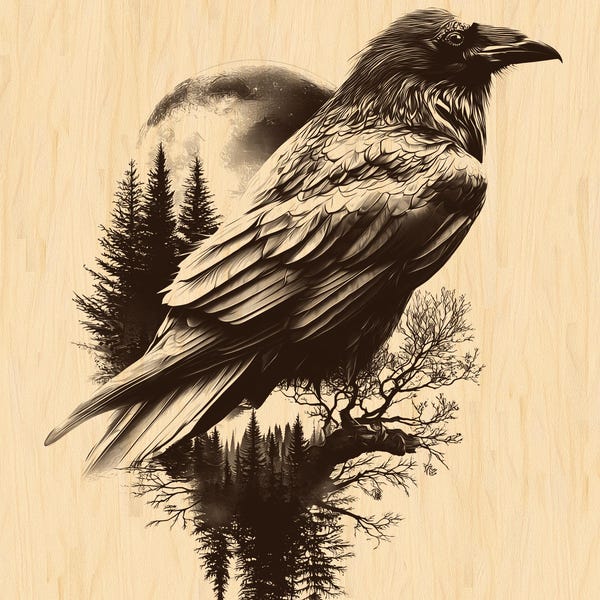 Raven Engraving PNG with Forest and Moon | Double Exposure Bird Wood Engraving Clipart | Spiritual Gothic Laser