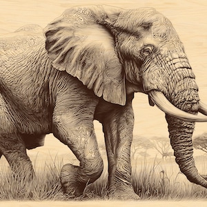 May include: A sepia-toned illustration of an African elephant walking through grass. The elephant has large tusks and detailed skin texture. The background features a savanna landscape with trees.