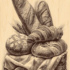 May include: A sepia-toned illustration of various baked goods. A baguette and a loaf of bread are positioned behind a croissant and two other loaves. Wheat stalks are placed near the bread. The baked goods are on a wooden crate with a patterned cloth.