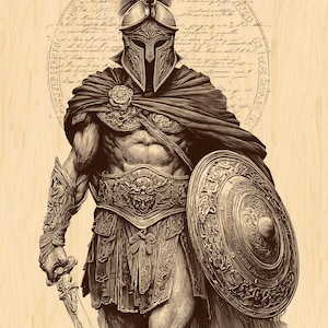 May include: A detailed illustration of a Spartan warrior in full armour, holding a sword and shield. The warrior is depicted with a helmet, cape, and ornate belt. The background features a circular design with script, all in shades of brown.