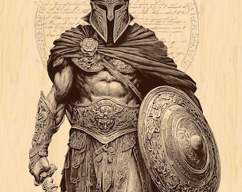 Spartan Warrior PNG | Rustic Gladiator Wood Engraving Design | Ancient Warrior Line Art | Laser Ready Engraving File