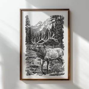 Stag with antlers engraving-ready digital file.
Elk standing in river engraving PNG for crafts.