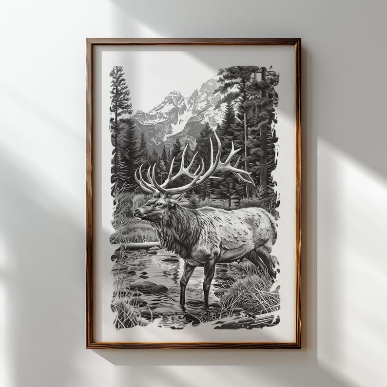 Stag with antlers engraving-ready digital file.
Elk standing in river engraving PNG for crafts.