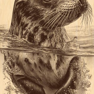 May include: A sepia-toned illustration of a seal breaking the water's surface. The detailed artwork shows the seal's head and upper body, with textured fur and whiskers. Bubbles and water droplets add to the dynamic underwater scene.