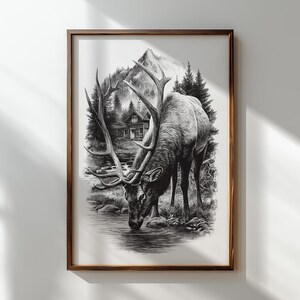 Glowforge-ready elk and cabin artwork
Elk silhouette by water with majestic antlers