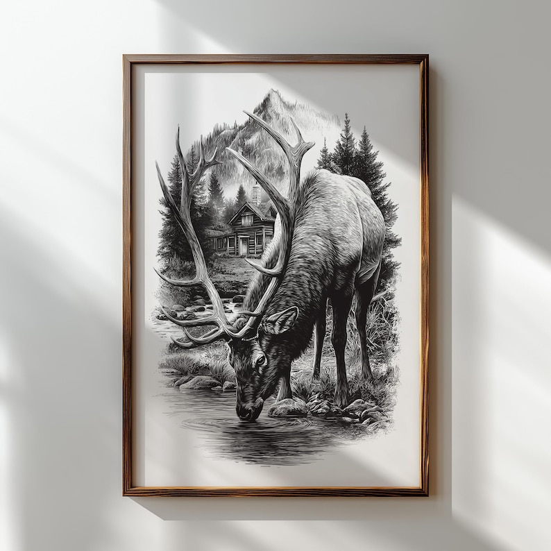 Glowforge-ready elk and cabin artwork
Elk silhouette by water with majestic antlers