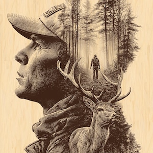 Puede incluir: Ilustración en tonos sepia que presenta el perfil de un cazador, un ciervo y una escena de bosque. El cazador lleva una gorra y está superpuesto al ciervo y al bosque. Una figura camina a lo lejos. Dos pájaros vuelan en el cielo.