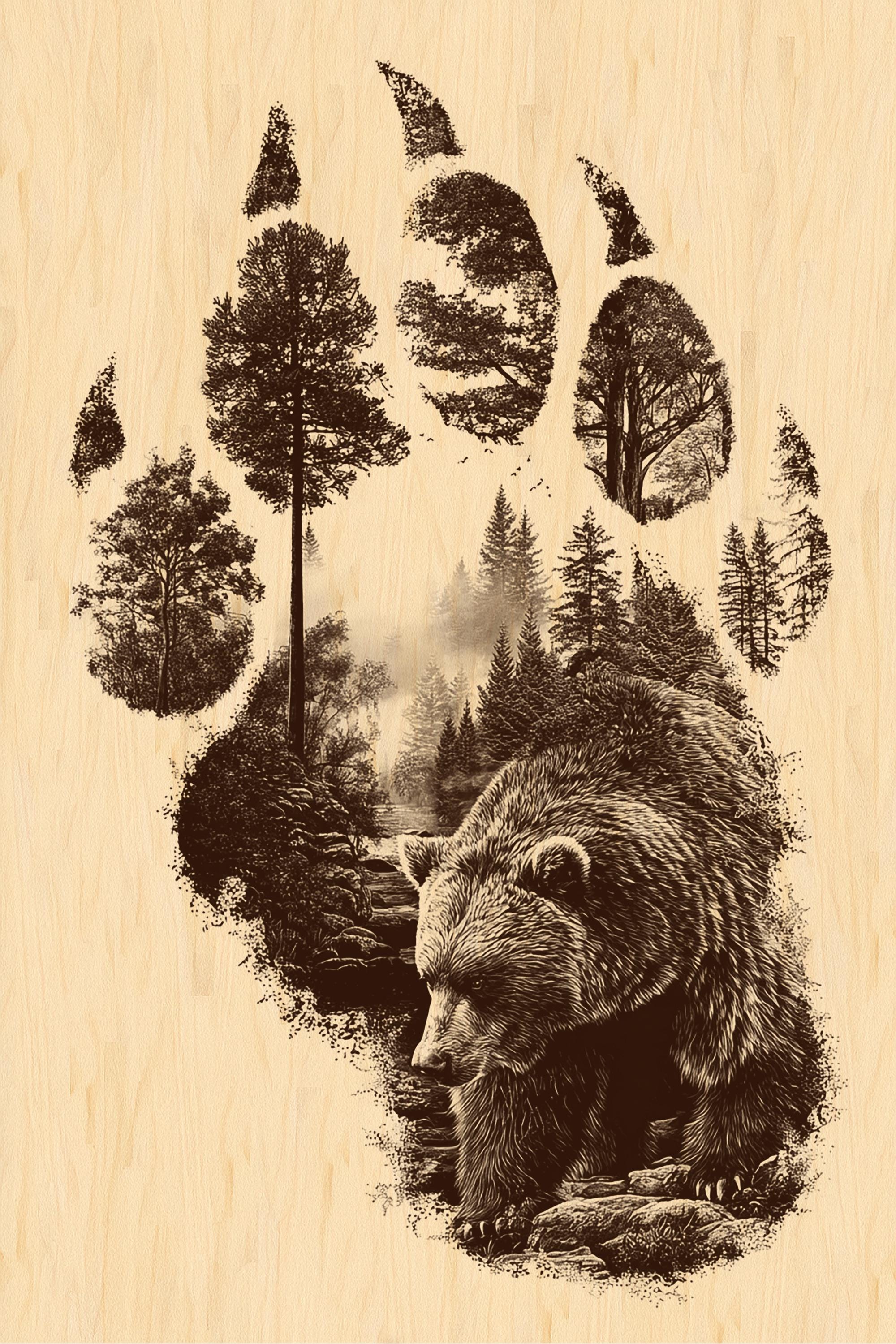 クマの足跡の森の彫刻 PNG | 二重露光の野生動物レーザーアート | GlowforgeとCNC用の素朴なクマのシンボルデザイン - Etsy 日本, image size:2000x3000