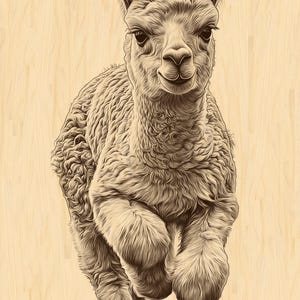 May include: A detailed illustration of a running llama with a light brown coat and a light brown background. The llama is depicted in a dynamic pose, with its legs extended as it runs towards the viewer. The artwork has a textured, sketched appearance.