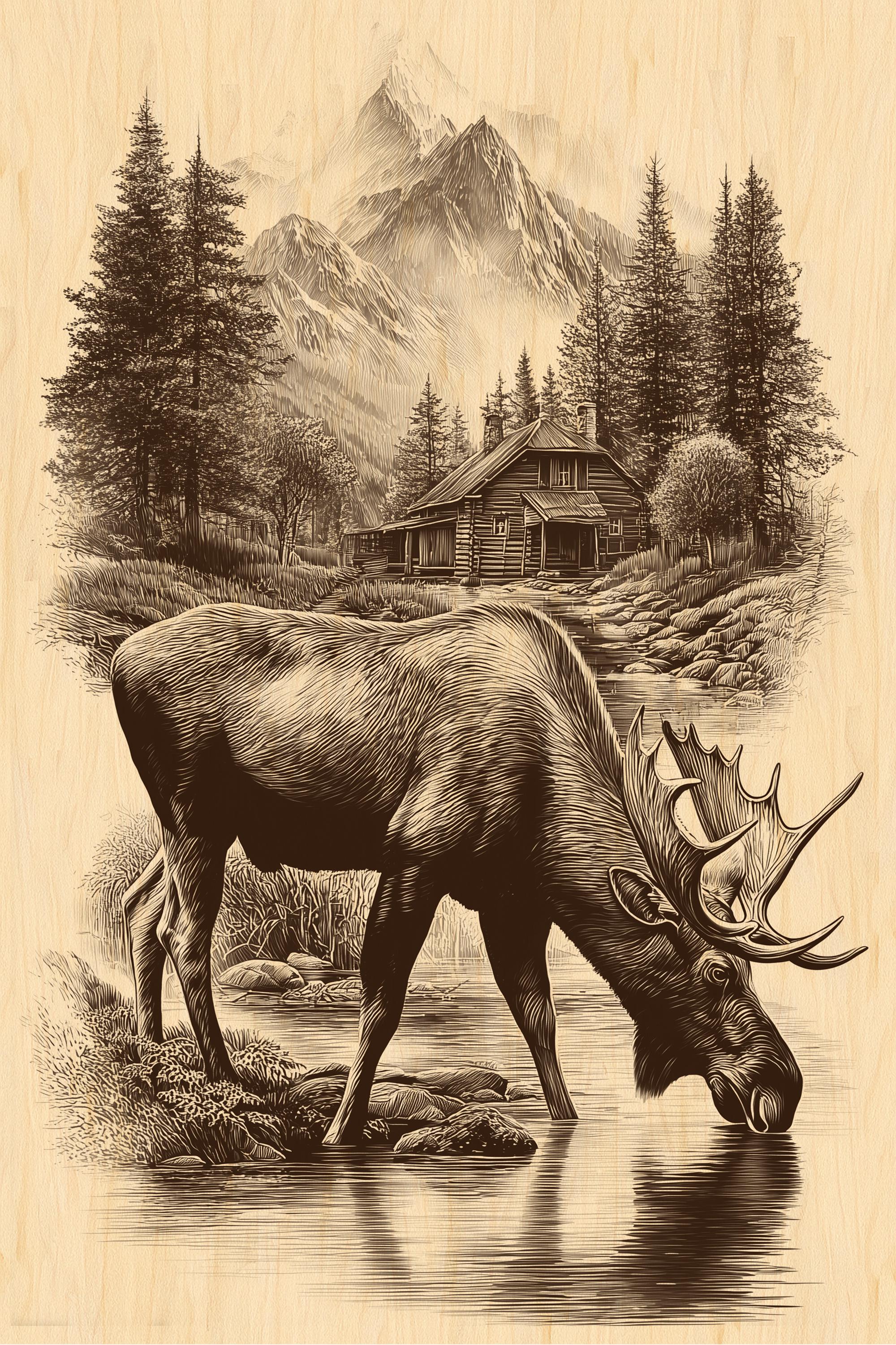 Moose Wood Engraving PNG | Rustic Cabin Wildlife Laser File