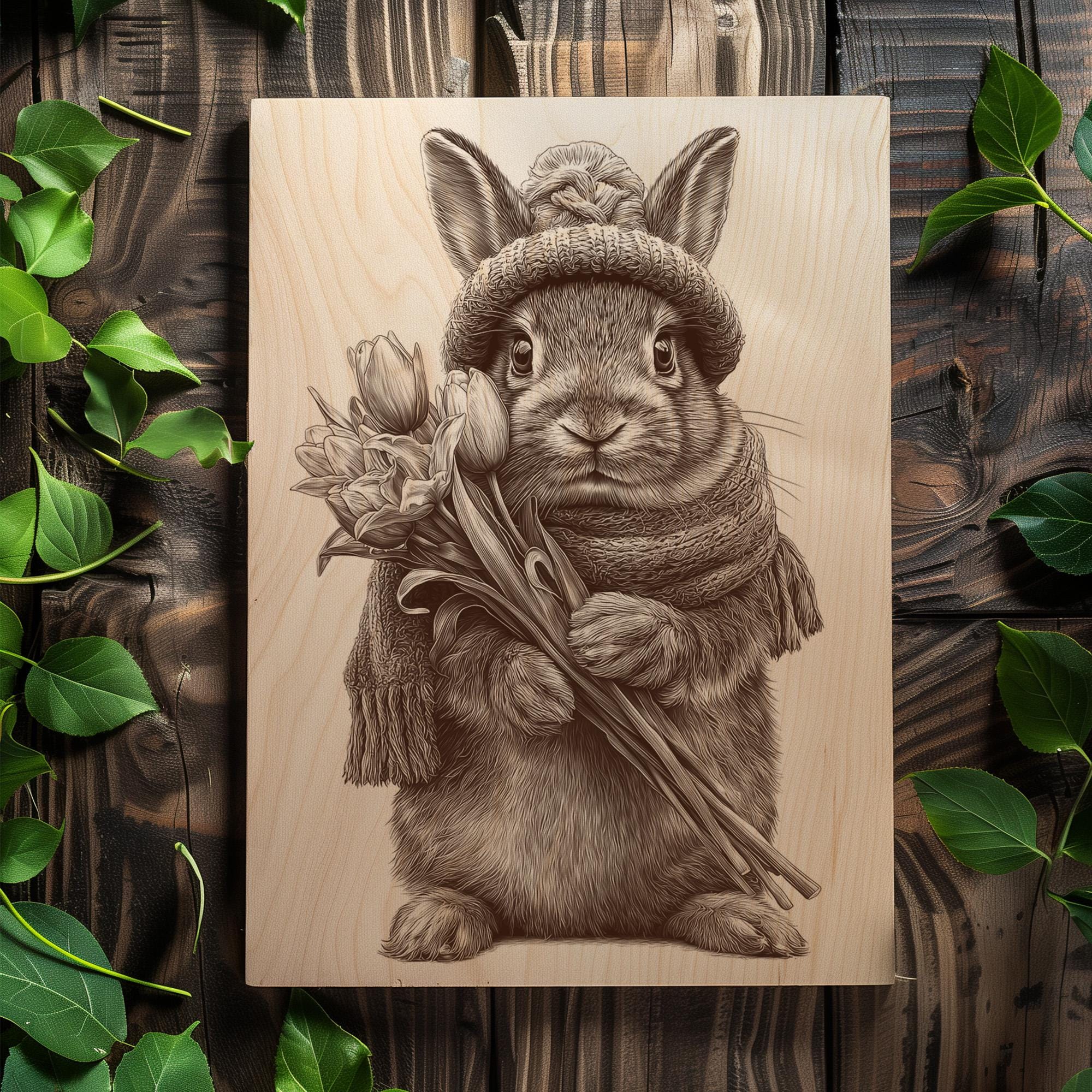 Rabbit Engraved Cute Bunny Engraving PNG | Rabbit With Flowers Laser Engraving Design ...