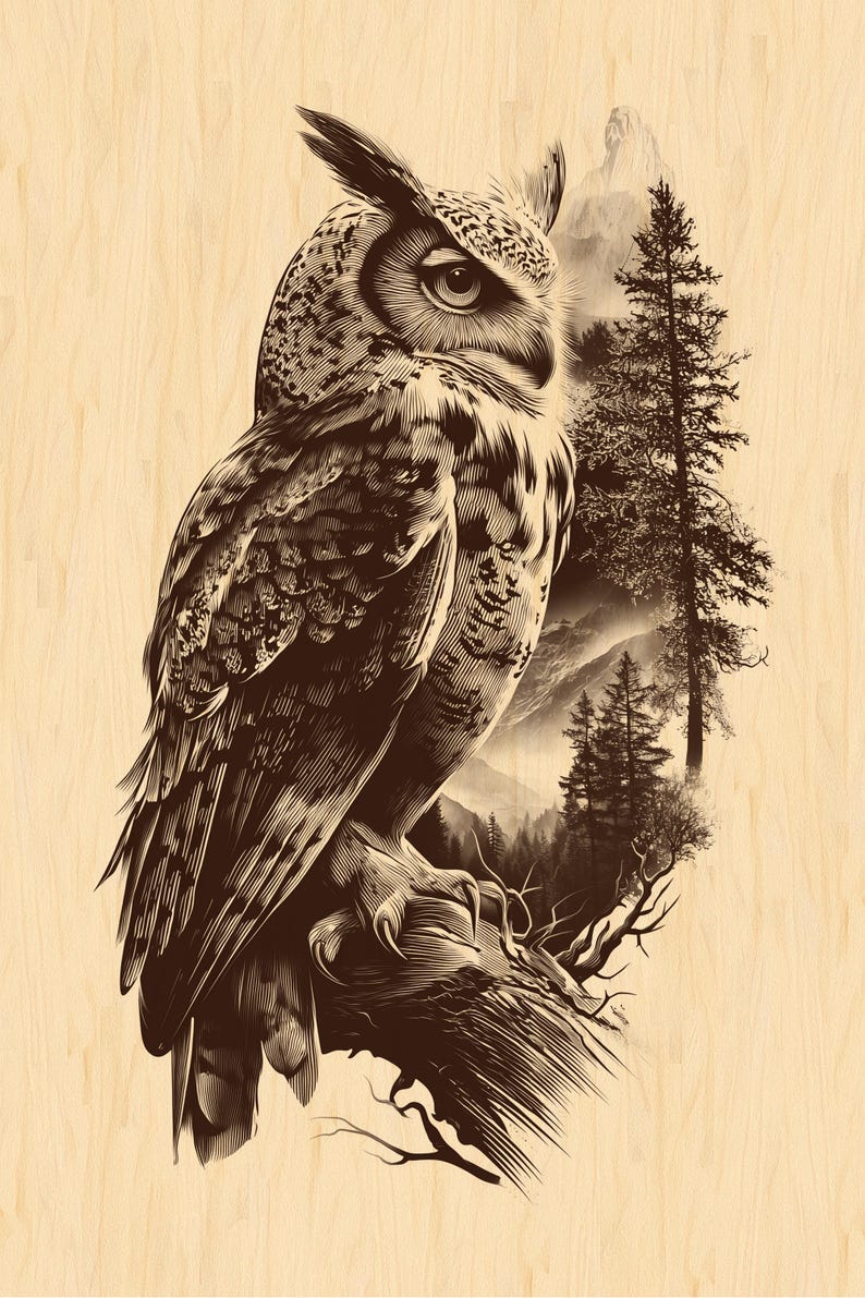 Owl engraving PNG perched on a branch with mountain forest
Detailed line art owl perfect for CNC wood engraving
Spiritual forest totem owl design for engraving use