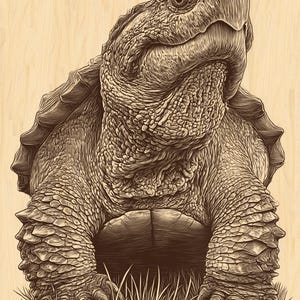 Pode incluir: Ilustração detalhada em sépia de uma grande tartaruga mordedora. A tartaruga é retratada com um trabalho de linha intrincado, mostrando sua pele texturizada e garras poderosas. A obra de arte é definida contra um fundo claro de grão de madeira, enfatizando o tema natural.