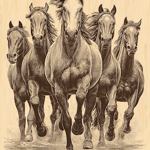 May include: A sepia-toned illustration of five horses running towards the viewer. The horses are in mid-stride, with their manes and tails flowing. The image is set against a light wood grain background.