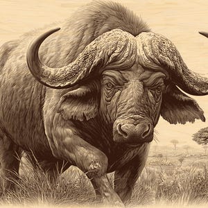 Op de afbeelding: Sepia-getinte illustratie van een Kaapse buffel in een grasrijke savanne. De buffel, met grote gebogen hoorns, is het middelpunt, gedetailleerd weergegeven. Bomen en een verre landschap completeren de scène en creëren een wildthema.