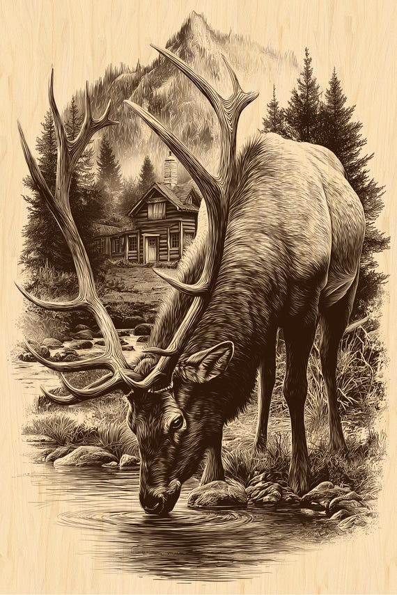 Elk Drinking by Cabin PNG | Majestic Wilderness Engraving File | Rustic Mountain Lodge Laser Art | Digital Download
