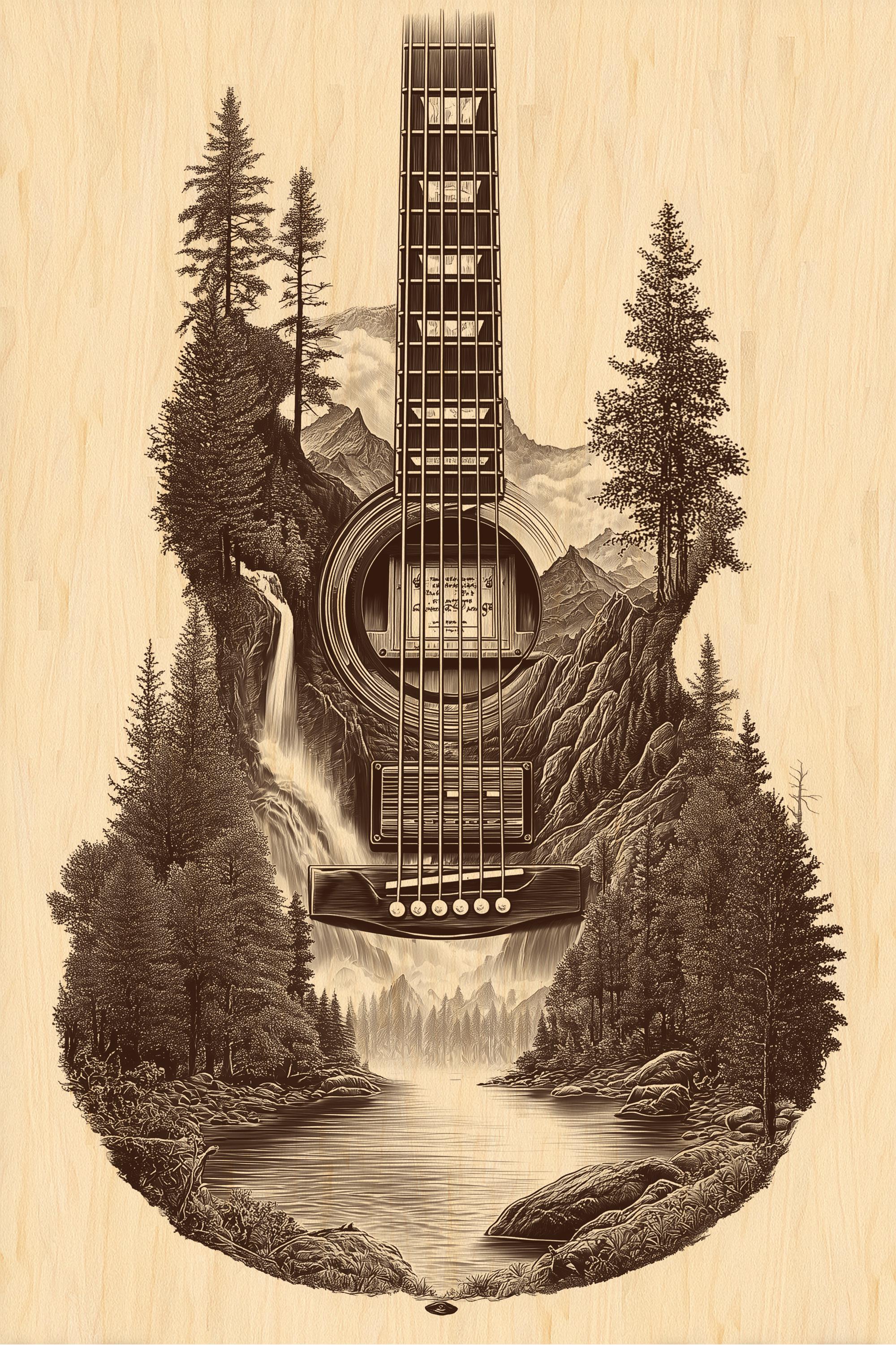 Mountain Guitar Engraving PNG | Guitar Forest Waterfall Landscape