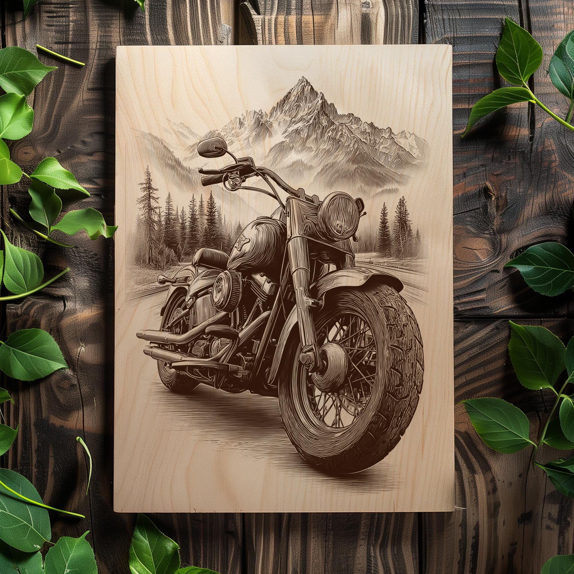 Motorcycle in Mountains PNG | Rustic Biker Lifestyle Wood Engraving ...
