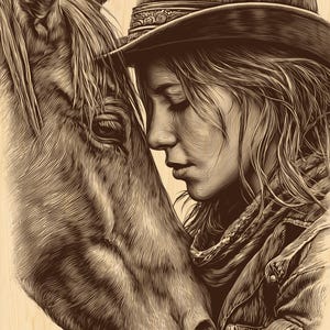 Cowgirl and horse rustic engraving artwork PNG.
Beautiful western-style horse lover engraving file.
Glowforge and CNC laser engraving cowgirl design.