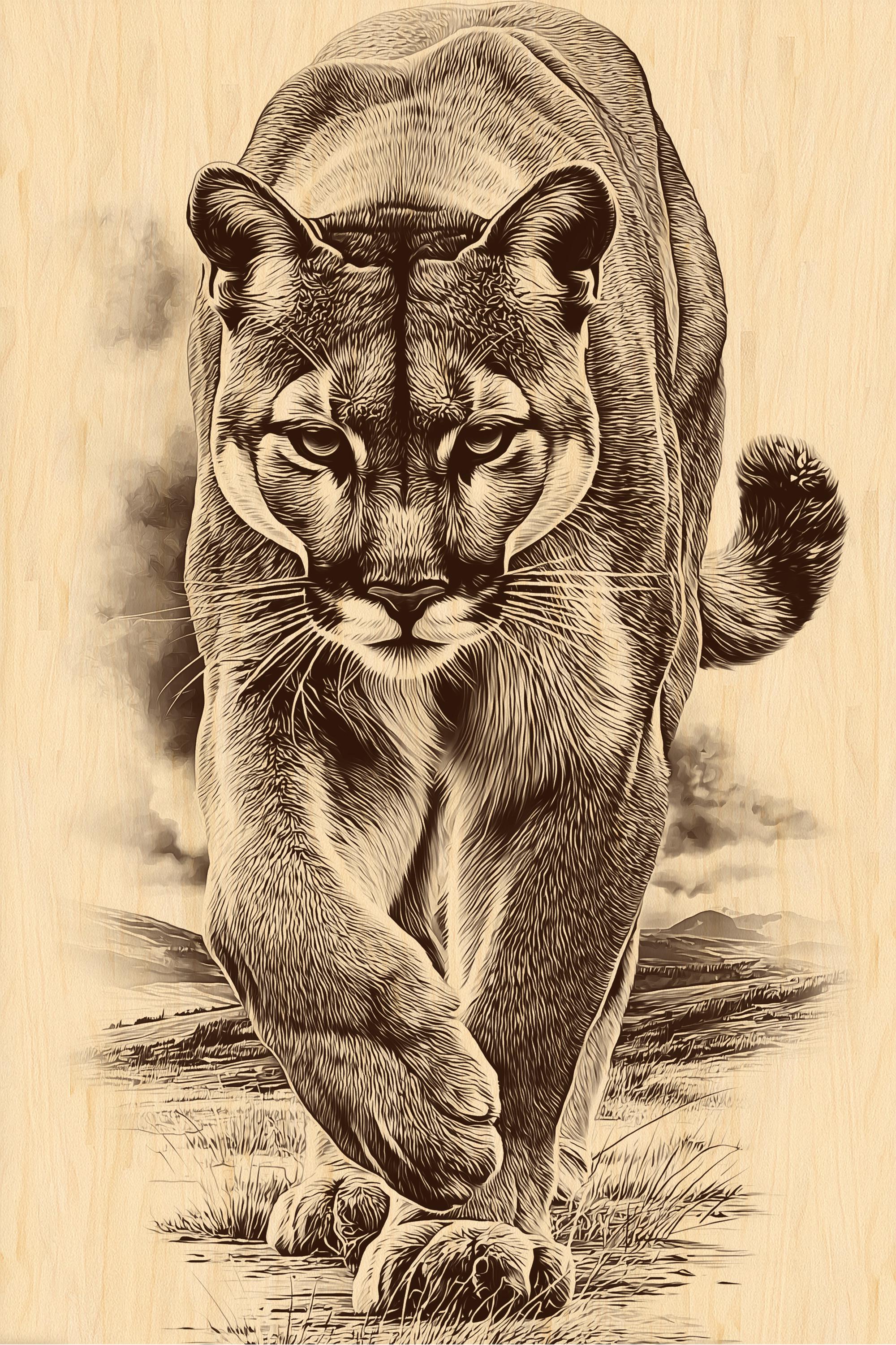 Mountain Lion Engraving PNG | Cougar Wood Art | Wild Cat Laser
